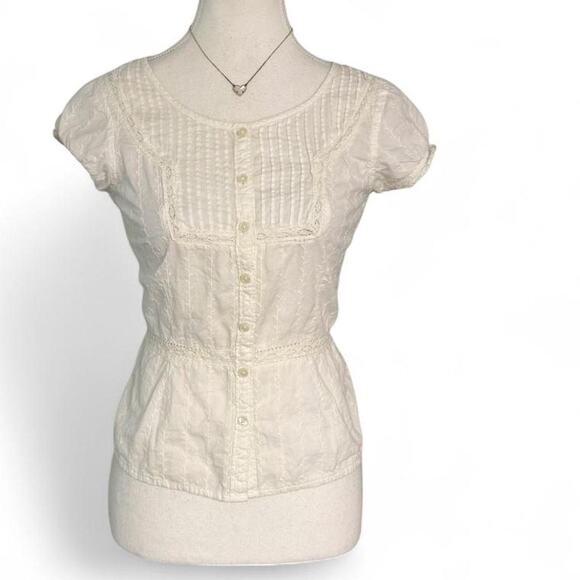 American Eagle Outfitters Tops - American Eagle Vintage White Baby Doll Button Short Sleeve Cotton Top Size Small